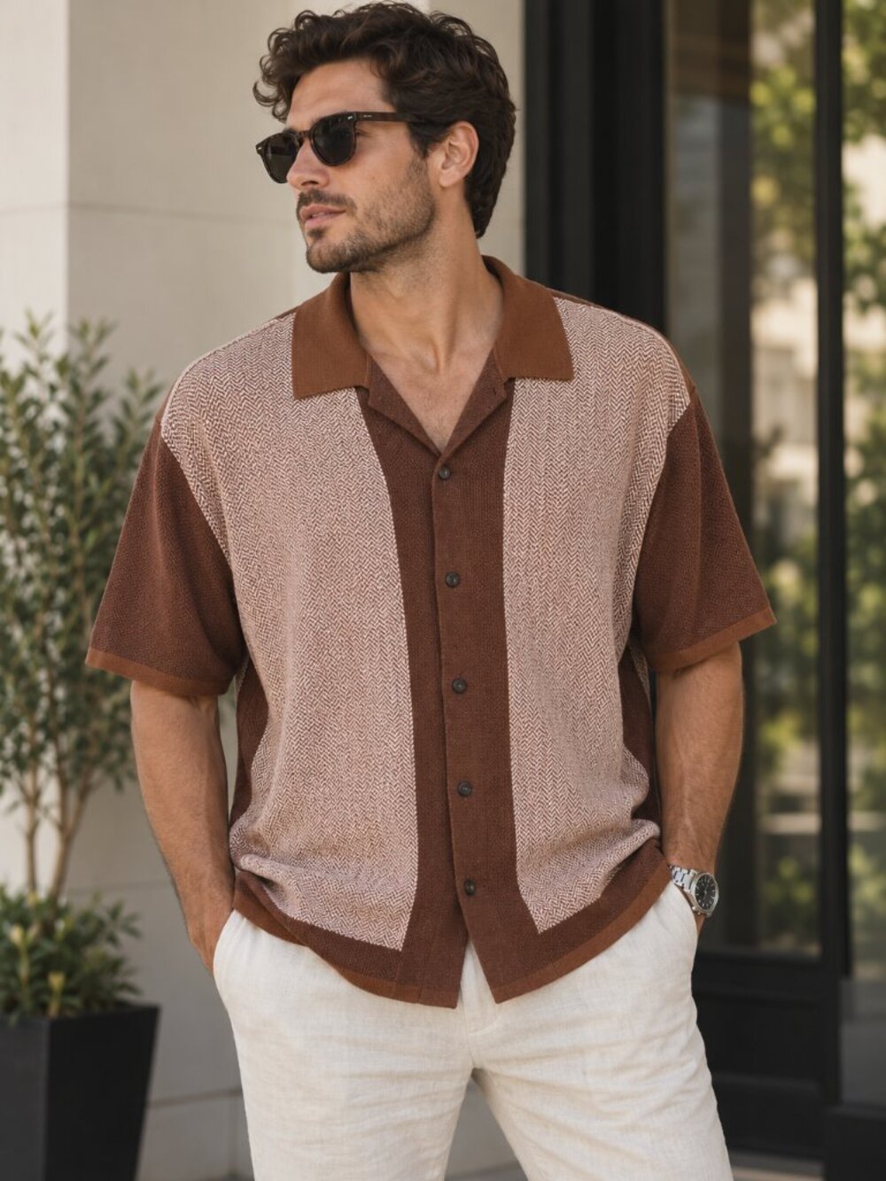rag & bone Brown Knit Button Front Shirt Mens Retro Polo Quiet Luxury Oversized